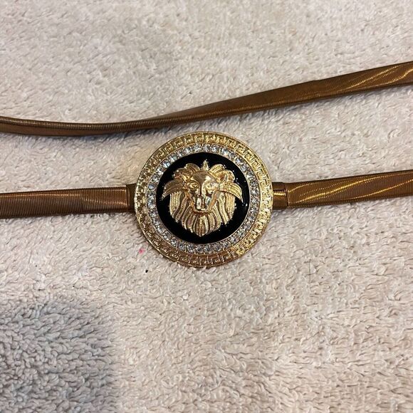 Women Lion Coin Charm Gold Metal Elastic Waistband Fashion Belt Skinny 28" Boho - Picture 2 of 9